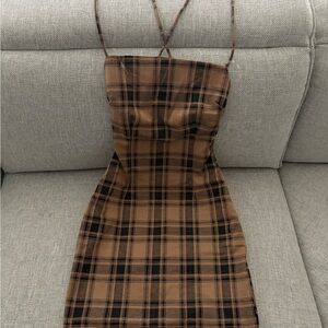 Plaid Brown Spaghetti Strap Dress